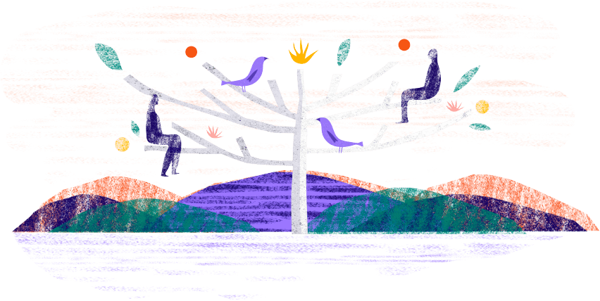 nature illustration showing a wide branched tree where birds and people sit on leaves of many colors and in the distance are rolling hills